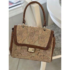 Gorgeous Clever Carriage Handbag Brown Beige Lace Made in USA Satchel Expandable